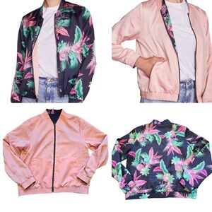 Gap Reversible Floral Print/ Pink Dust Satin‎ Zip Long Sleeve Bomber Jacket XS
